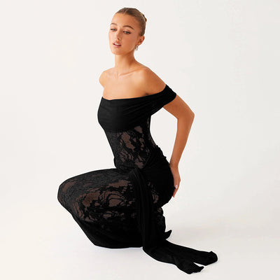 Sheer Mesh and Lace Maxi Dress - Sleeveless Off-Shoulder