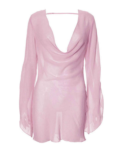 Purple Powder Sheer Mini Dress - Plunge Backless Chiffon