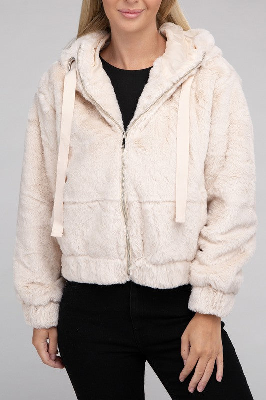 Fluffy Zip-Up Drawstring Teddy Hoodie