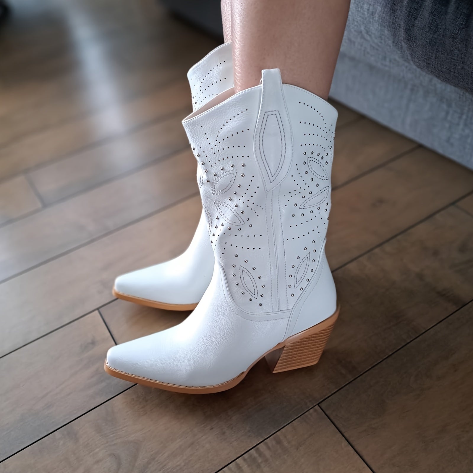 Slip-On Mid-Calf Western Cowgirl Boots with Embroidery & Studded Rivets