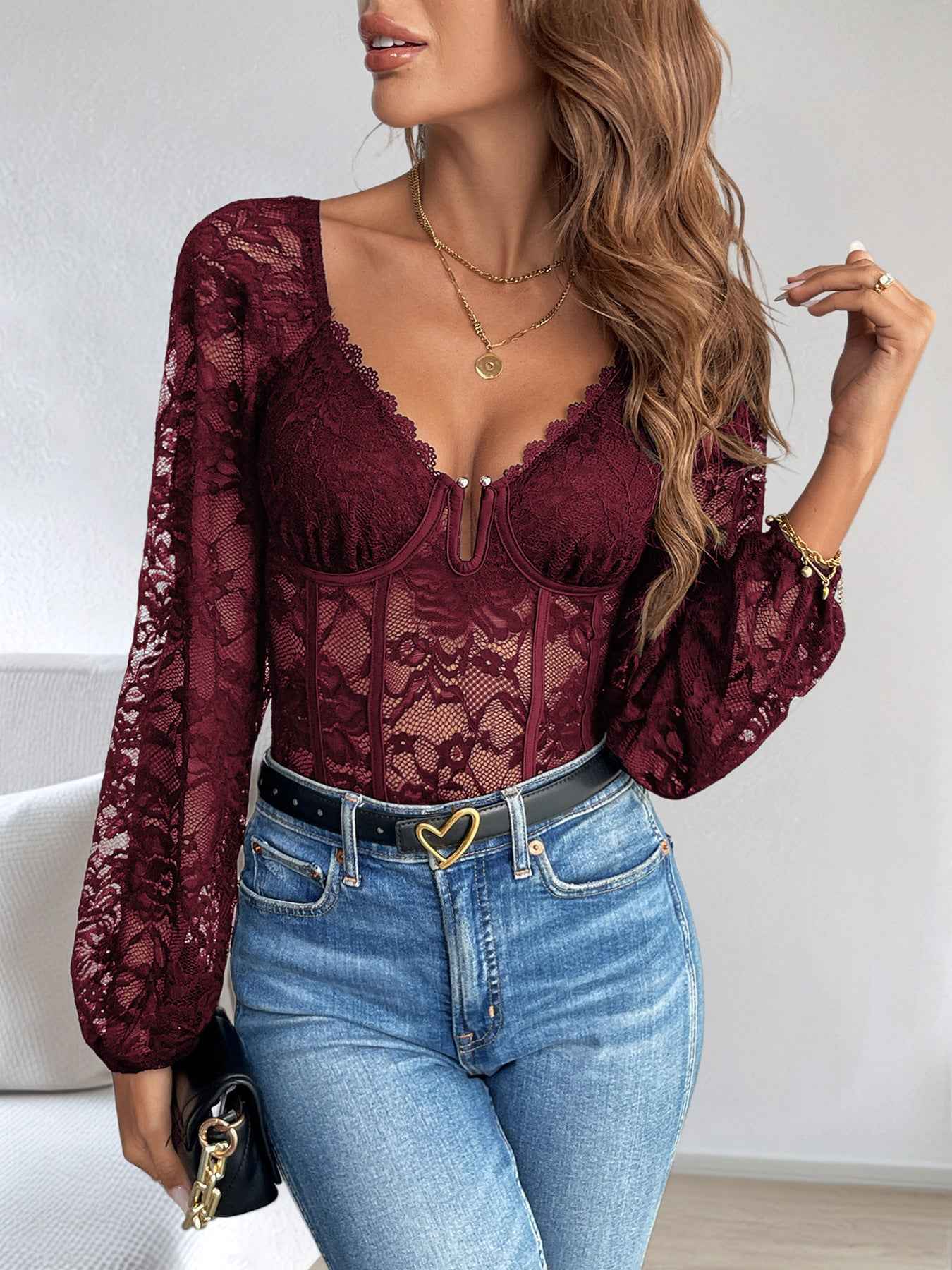 V-Neck Lace Bodysuit - Long Sleeve Sheer Style - Fashions Envy