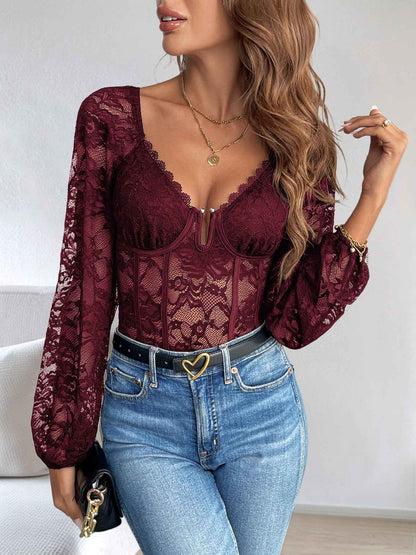 V-Neck Lace Bodysuit - Long Sleeve Sheer Style - Fashions Envy