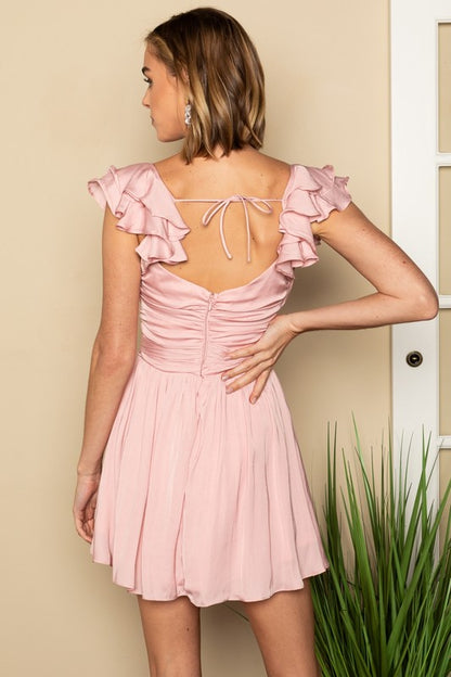 Empire Self Tie Ruffled Surplice Mini Dress