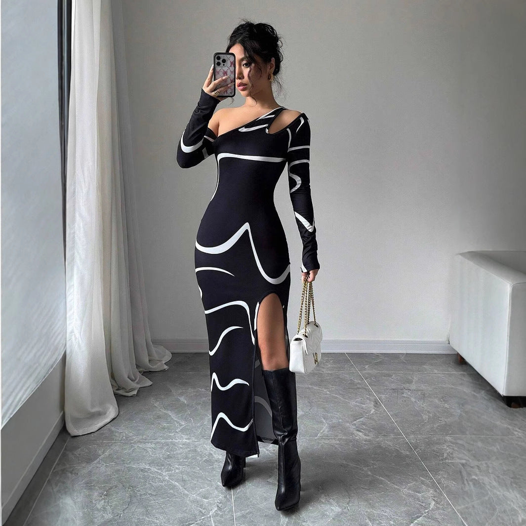 One-shoulder Bodycon Maxi Dress - Graffiti Print Asymmetric