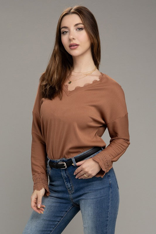 Lace Trim Brown V-Neck Long Sleeve Top