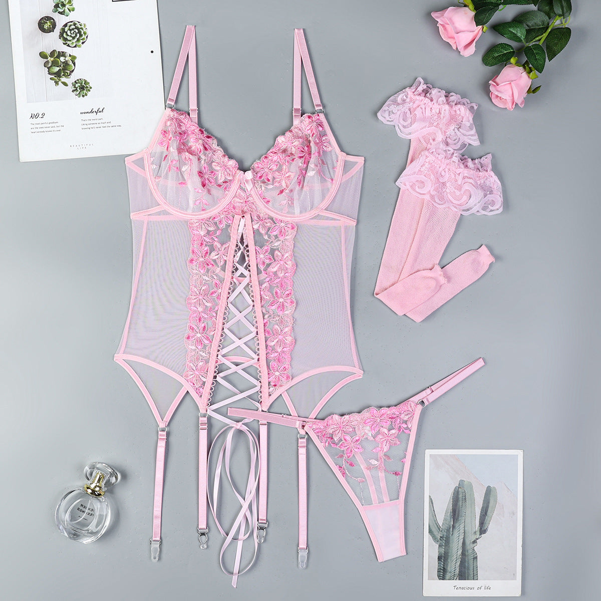 Embroidered Corset Garter Set - 3PC Lace-Up Lingerie