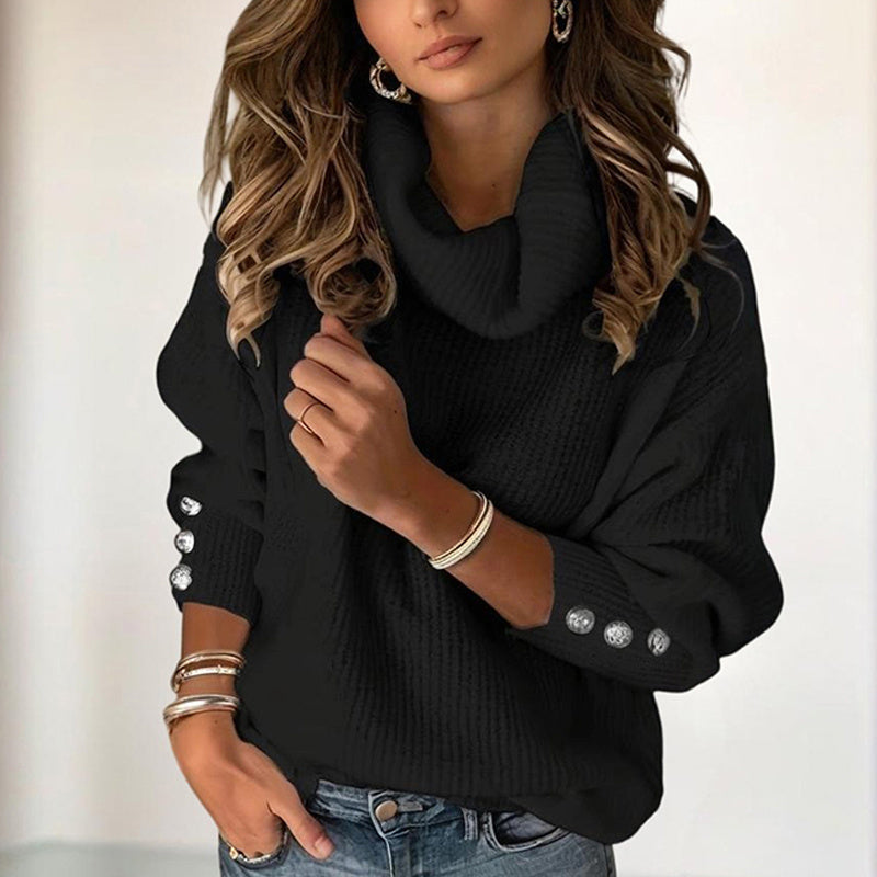 Women's Solid Color High-Neck Sweater - Button Cuff Detail Cozy Top