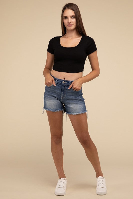 Casual Mid Rise Raw Frayed Hem Fitted Denim Shorts