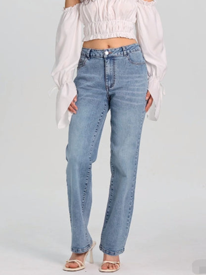 Straight Leg Stretchy Light Denim Jeans with Pockets