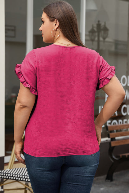 Bright Pink Ruffled Short Sleeve Plus Size Top