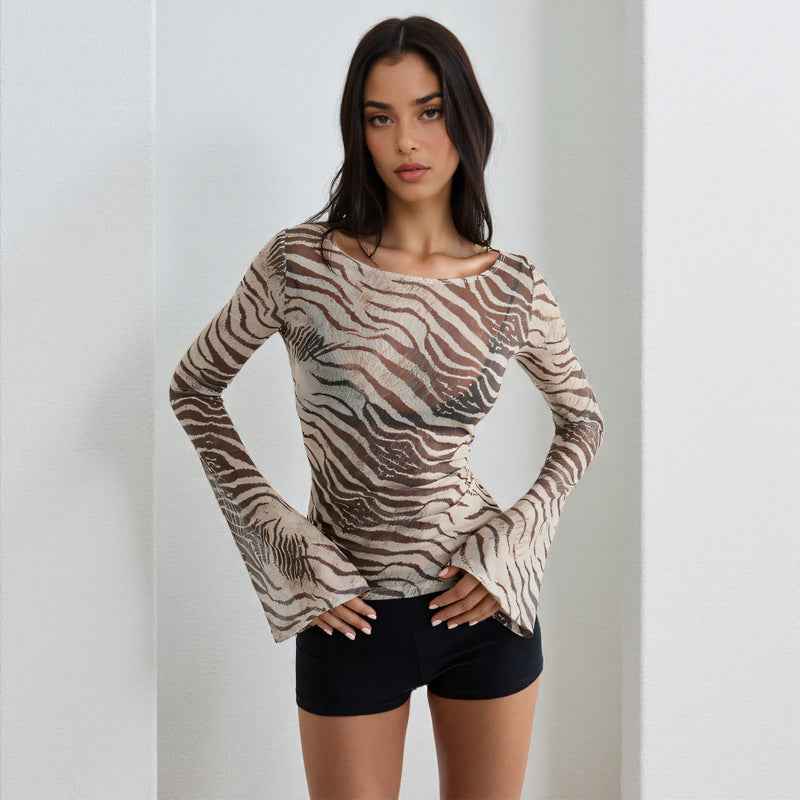 Sheer Animal Print Crop Top - Khaki Long Sleeve Mesh
