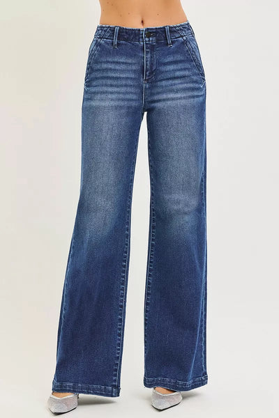 RISEN Wide Leg Jeans - Women's High Rise Slanted Pocket - Fashions Envy