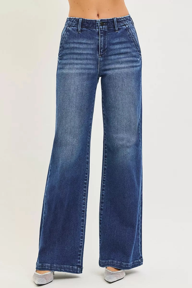 RISEN Wide Leg Jeans - Women's High Rise Slanted Pocket - Fashions Envy