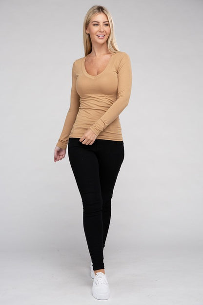 Fitted Essential V-Neck Long Sleeve T-Shirt