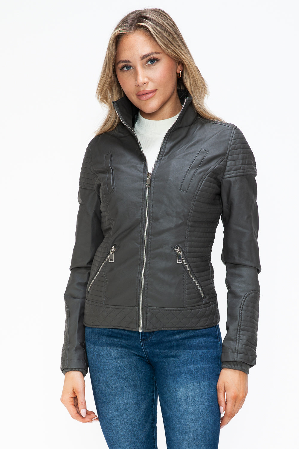 Charcoal Faux Layered Double-Zipper Jacket with Fuzzy Hood