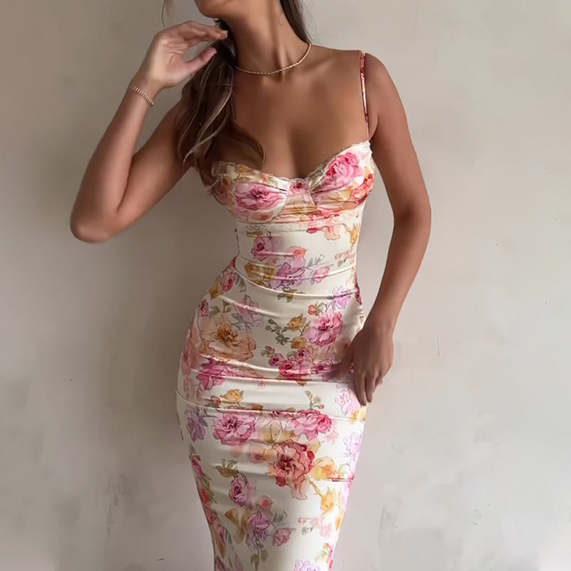 Floral Maxi Dress - Bodycon Spaghetti Strap Vacation Dress