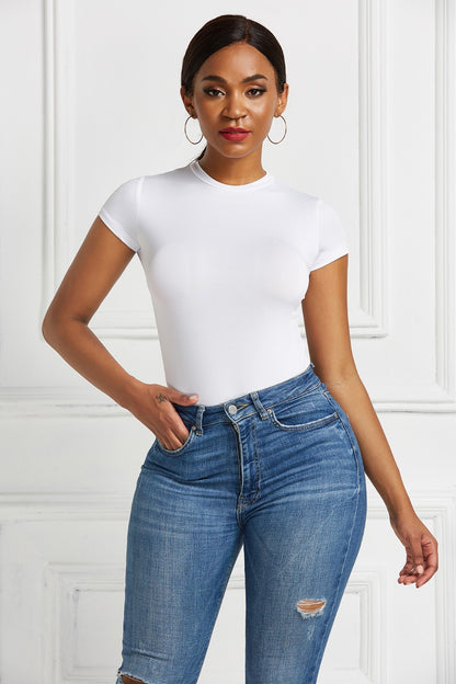 Round Neck Short Sleeve Bodysuit - Fashions Envy