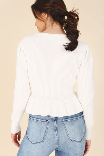 Peplum Round Neck Puff Sleeve Sweater
