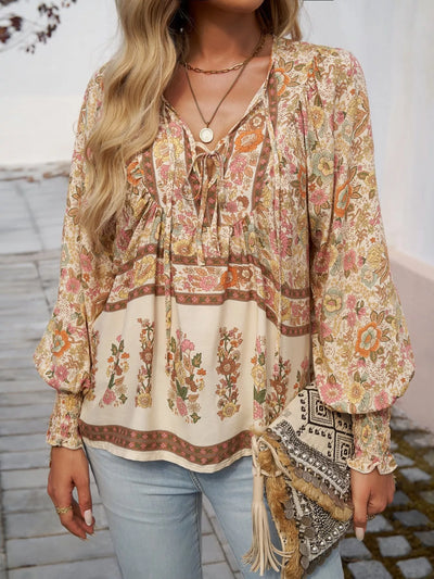 Bohemian Blouse - Floral Print Tie Neck - Fashions Envy