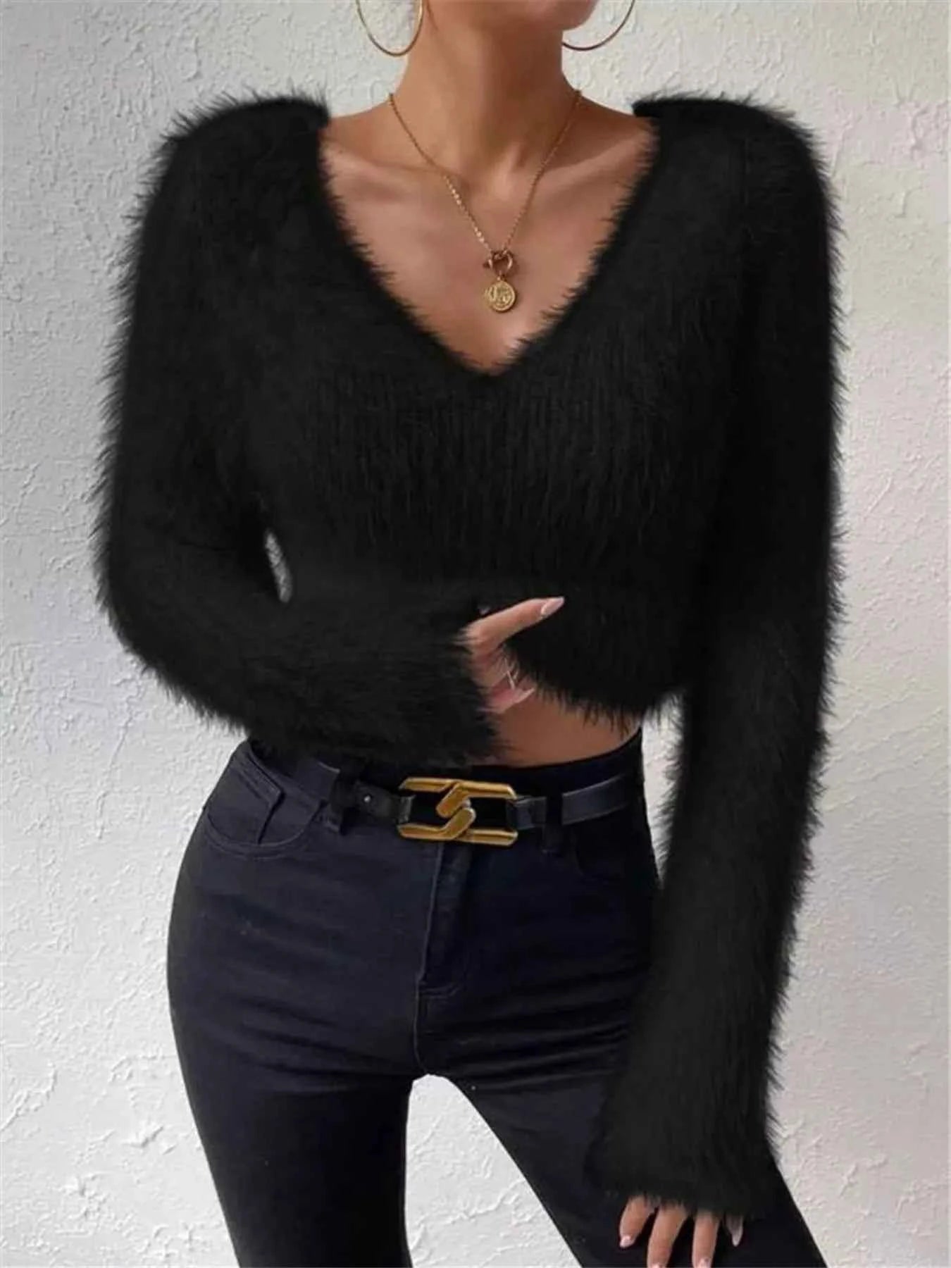 Fluffy Knit Sweater - Soft Warm V-Neck Top