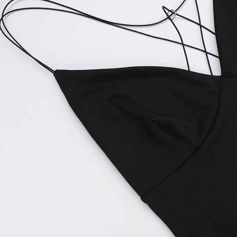 Black Deep V Backless Maxi Dress - Strap High Waist