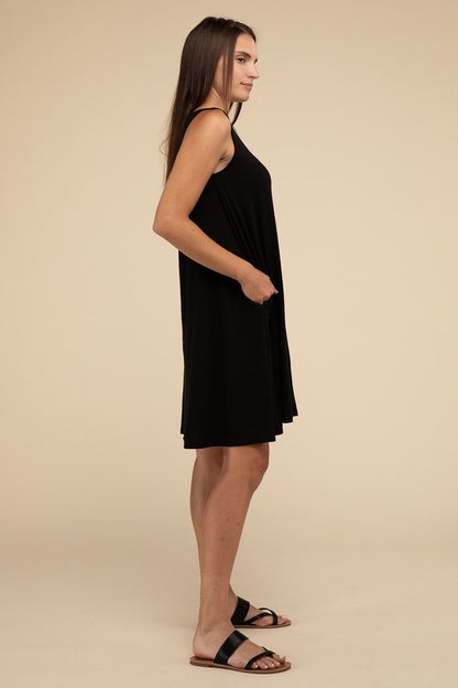 Casual Sleeveless Flared Midi Dress with Side Pockets