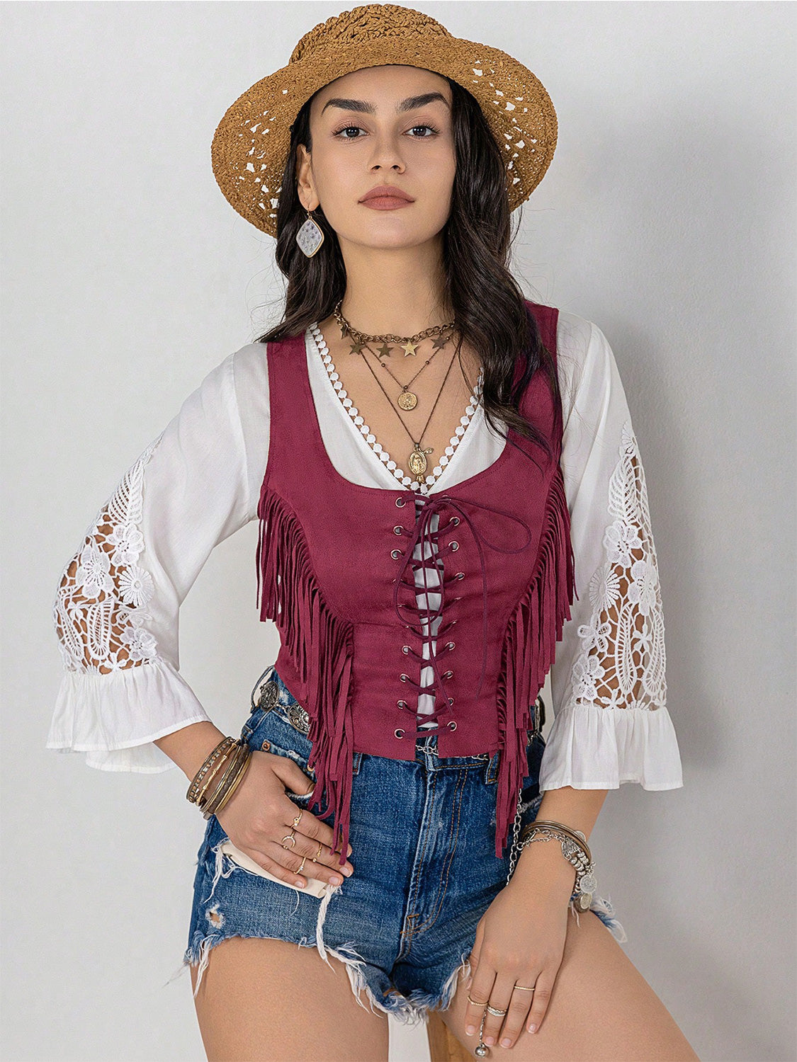 Fringe Lace-Up Vest - Fashions Envy