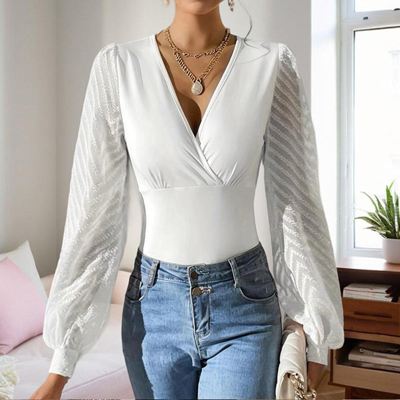 Deep V-Neck Chiffon Top - Criss-Cross Sheer Sleeves