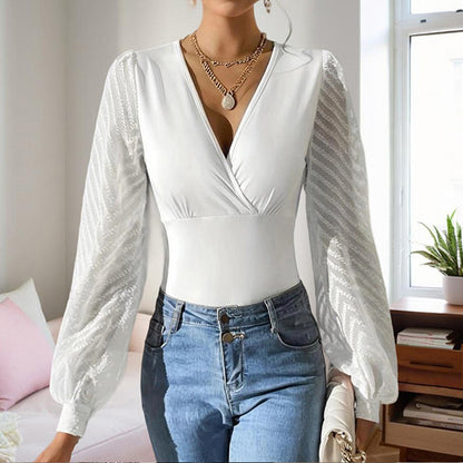 Deep V-Neck Chiffon Top - Criss-Cross Sheer Sleeves