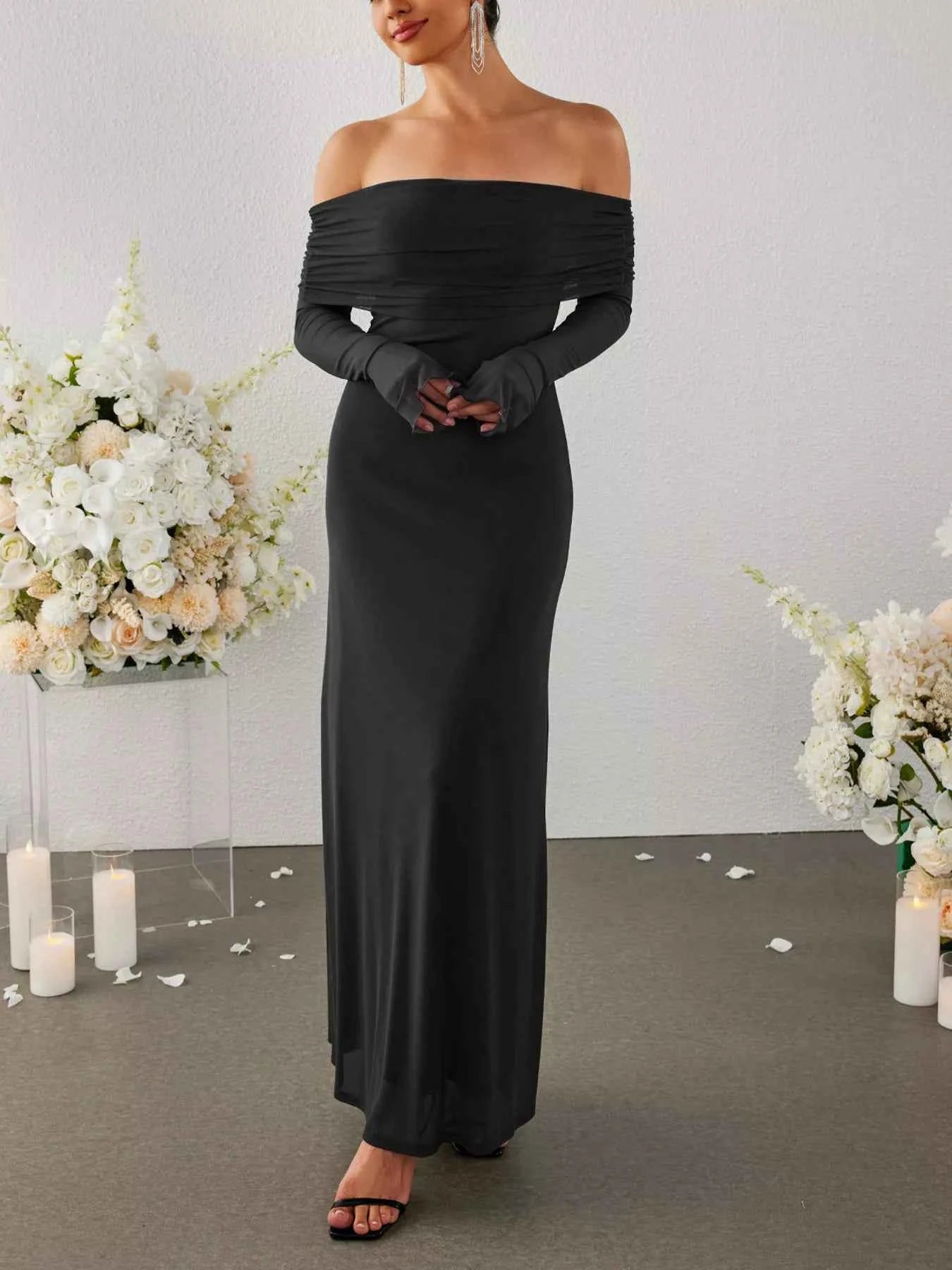Off-Shoulder Ruched Long Sleeve Maxi Dress
