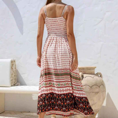 White Printed Midi Dress - Square Neck Sleeveless with Pockets