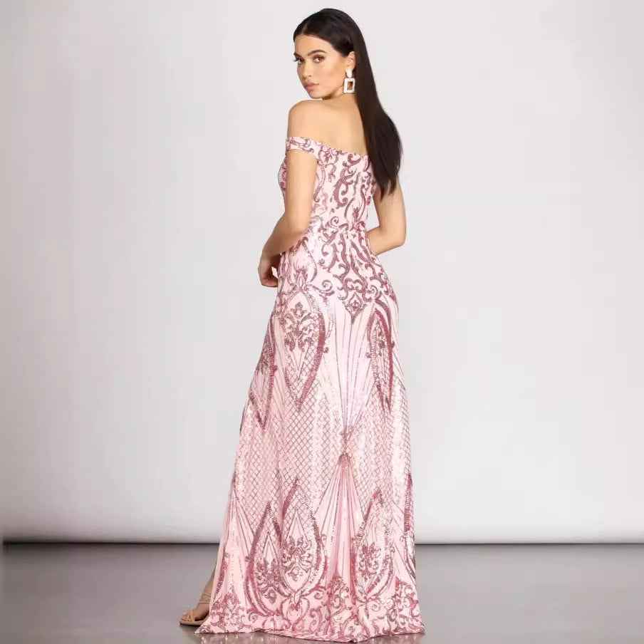 Pink Sequin Maxi Dress - Deep V-Neck Floor Length Gown