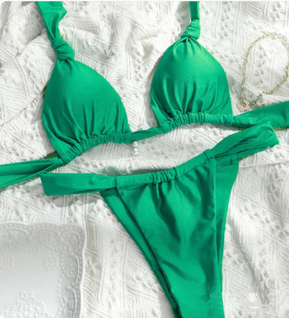 Pleated Split Strap Pure Color Knotted Bikini Swimsuit