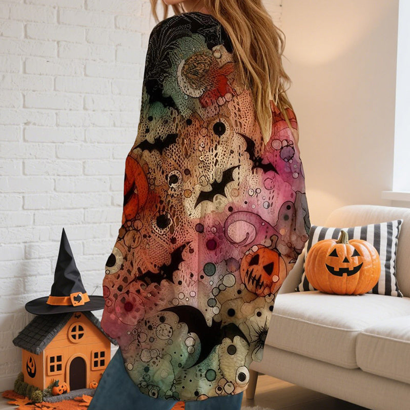 Diamond Hollow Out Batwing Sleeve Top - Loose Fit Pumpkin Halloween Print