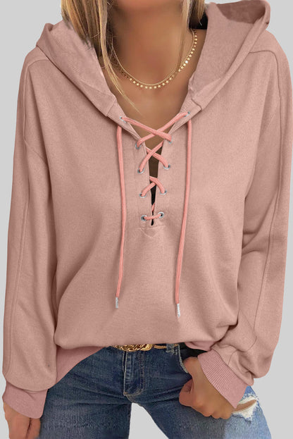 Lace Up V-neck Long Sleeve Hoodie