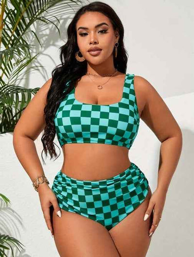 Plus Size Checkered Bikini - Full Coverage Square Neck