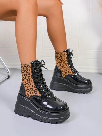 Lace Up Wedge Platform Boots - Low Heel Statement Boots - Fashions Envy