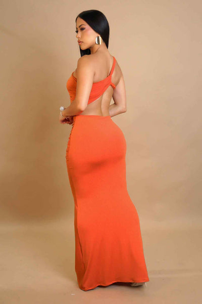 One Shoulder Cutout Maxi Dress - Pleated Bodycon Fit