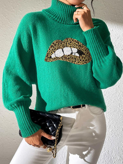 Lip Turtleneck Long Sleeve Sweater - Fashions Envy