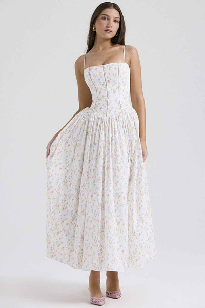 Floral Cami Maxi Dress - Cinched Waist A-Line Spaghetti Strap