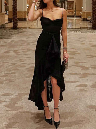 Spaghetti Strap Mesh Maxi Dress - Layered Irregular Hem