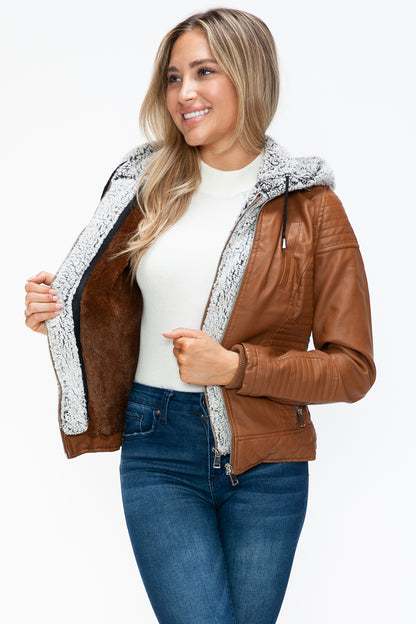 Camel Faux Layered Double-Zipper Jacket with Fuzzy Hood