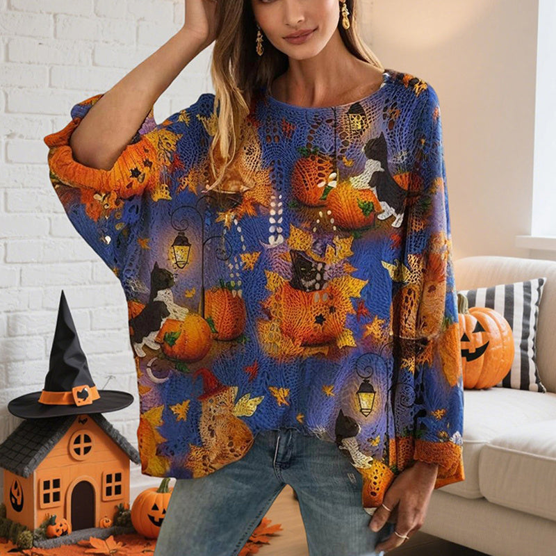 Diamond Hollow Out Batwing Sleeve Top - Loose Fit Pumpkin Halloween Print