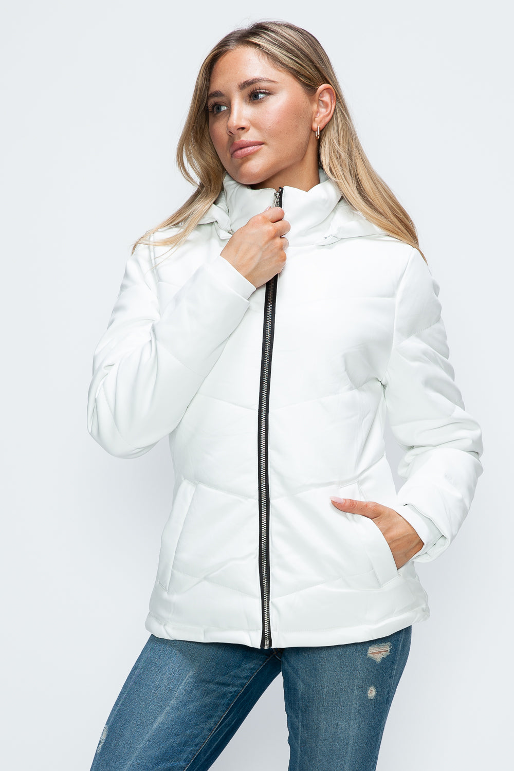 White Pocketed Zip Up Puffer Jacket with Removable Hood