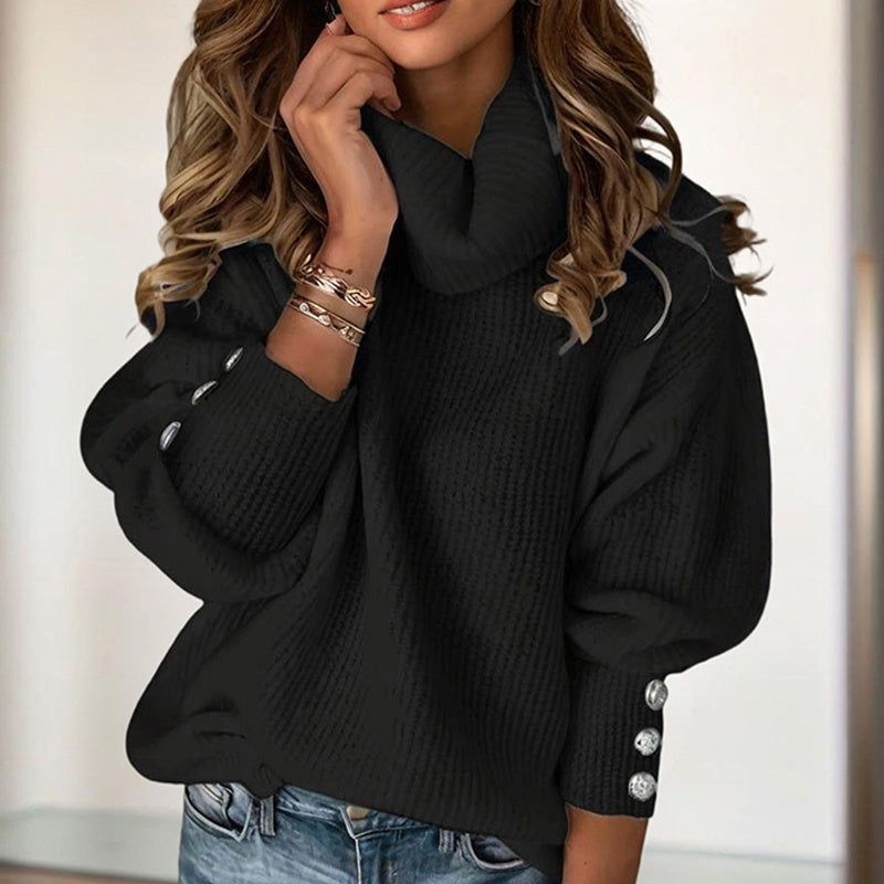 Women's Solid Color High-Neck Sweater - Button Cuff Detail Cozy Top