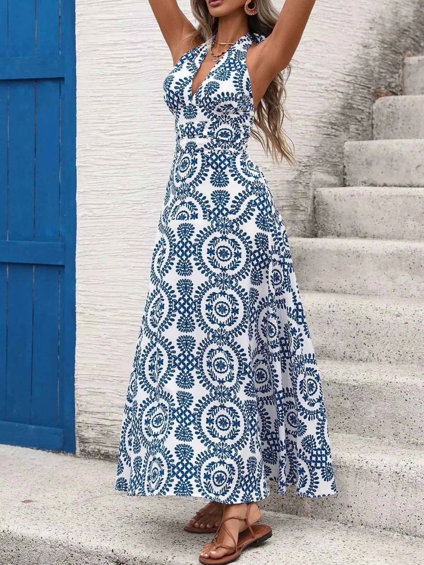 Floral Halter Maxi Dress - Tie Neck Blue Print
