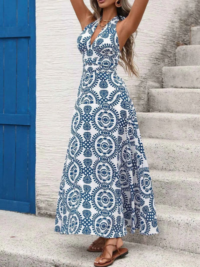 Floral Halter Maxi Dress - Tie Neck Blue Print