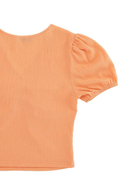 Shirred V-Neck Short Puff Sleeve Top