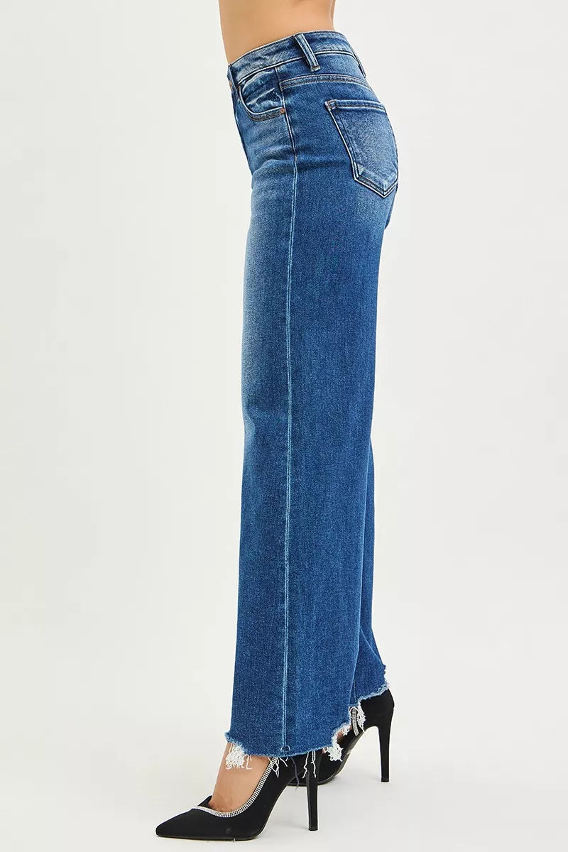 RISEN Wide Leg Jeans - Women's High Rise Distressed Hem - Fashions Envy