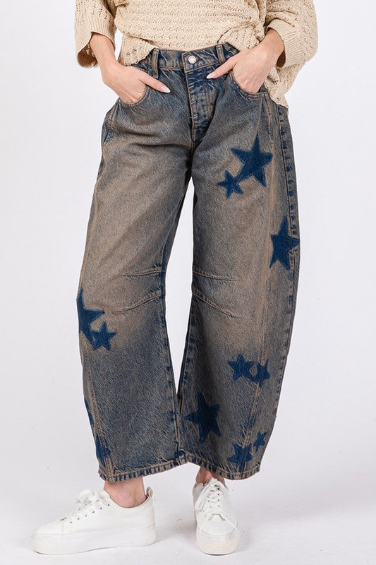 Dark Denim Star Wide Leg Jeans with Pockets